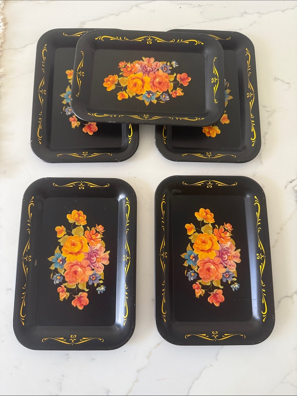 Vintage Toleware Style Floral Metal Mini Trays Set of 5